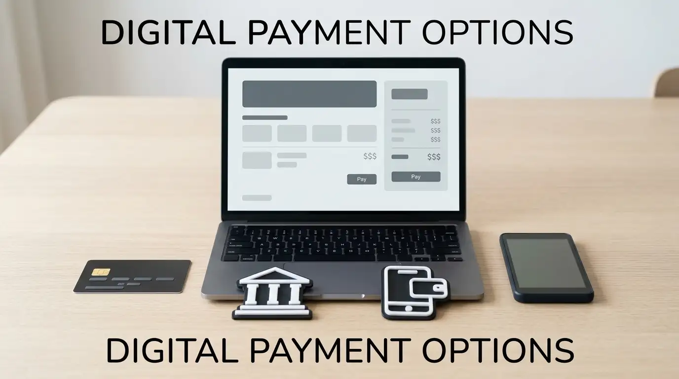 Payment card, bank transfer icon and digital wallet symbols beside a laptop